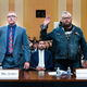 Former Oath Keepers spokesperson Jason Van Tatenhove (R) and Stephen Ayres (L), who has pleaded guilty to entering the Capitol illegally on January 6, are sworn in before a full committee hearing on “the January 6th Investigation” on Capitol Hill on July 12, 2022, in Washington, DC.